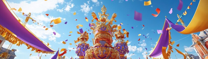 A vibrant celebration scene featuring colorful decorations, a grand structure, and confetti against a bright blue sky.