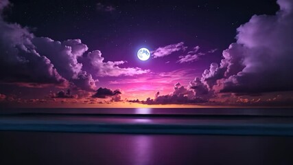 Majestic Full Moon Reflecting on Tranquil Ocean Waters Under Cloudy Sky - Powered by Adobe