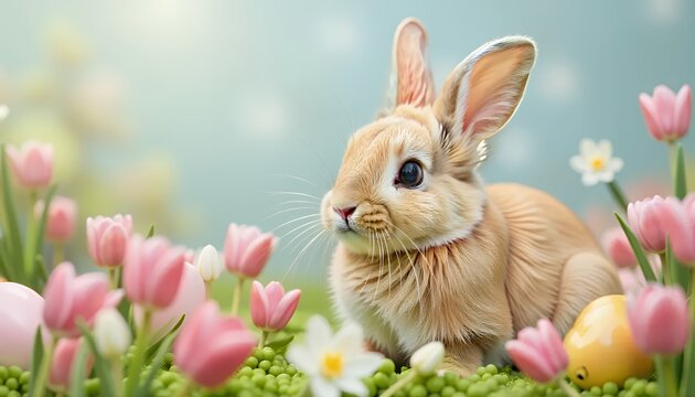 Fluffy bunny surrounded by spring flowers, representing the joy of the Easter holiday and the spirit of renewal