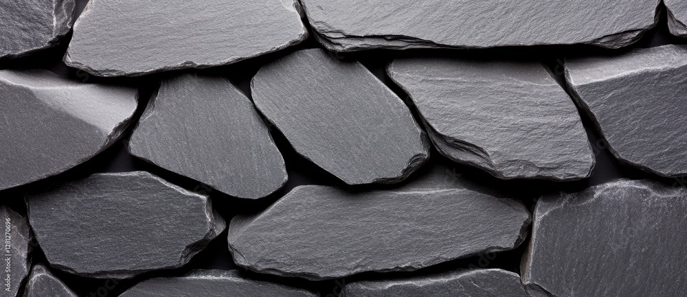 Poster close up view of dark gray stone arranged in an irregular pattern, creating a textured surface. the 