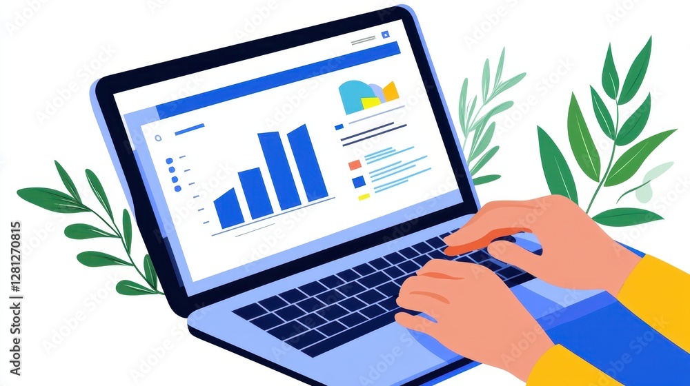 Poster hands typing on a laptop displaying data charts and graphs, surrounded by stylized green leaves. fla