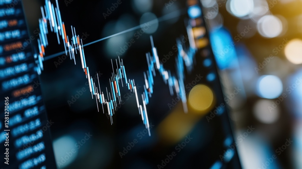 Poster macro shot of a declining financial chart, with a red and blue candlestick graph against a bokeh bac