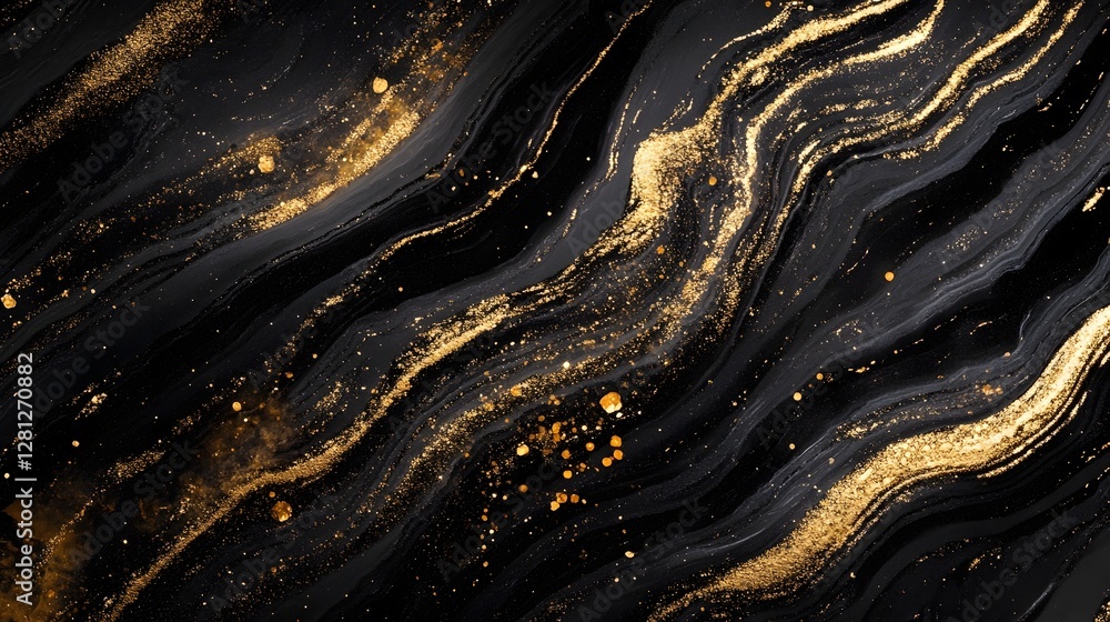 Poster Dramatic abstract background with a golden glittering and metallic texture  The surface is covered in shiny sparkling lights and fluid dynamic patterns creating a luxurious elegant