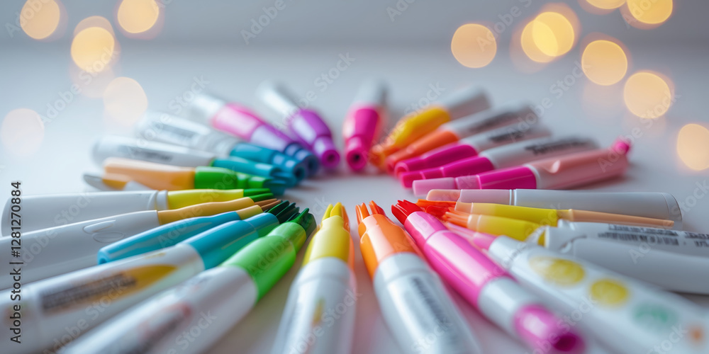 Poster creative arrangement of colorful markers on a table with blurred lights in the background during a c