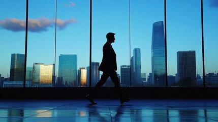 Fototapeta premium A businessman walking in front of a city skyline, his silhouette creating a powerful contrast