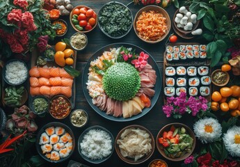 Fototapeta premium Vibrant Assortment of Fresh Ingredients and Dishes Arranged Elegantly on Dark Wooden Table Surrounded by Colorful Flowers and Herbs