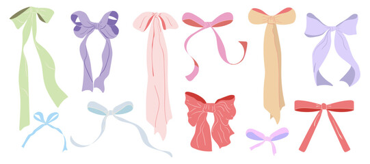A big set of colorful bows with hand drawn ribbons. Girly design elements for weddings, bachelorette parties, and birthdays. Vector illustration. Isolated.