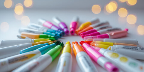 Creative arrangement of colorful markers on a table with blurred lights in the background during a crafting session