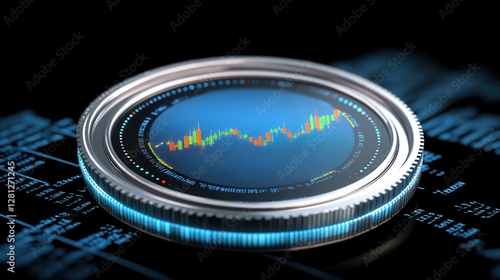 Poster close up view of a metallic coin with a digital display showing a stock market graph. the coin rests