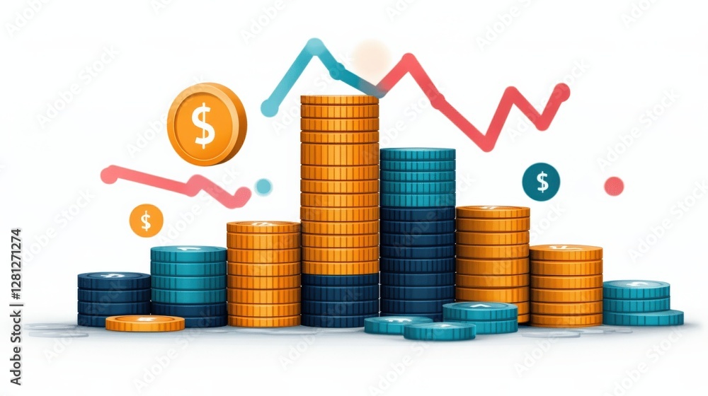 Poster stacks of coins in varying colors with a rising graph and dollar symbols representing financial grow