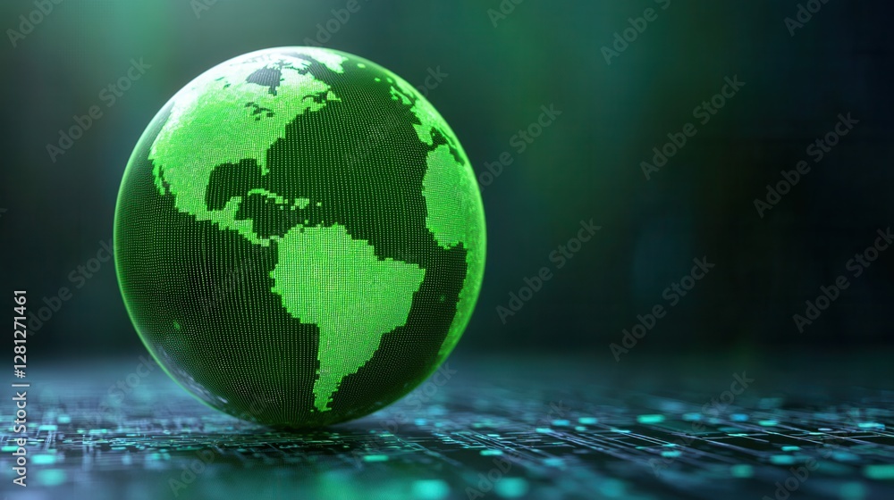 Poster digital globe map on circuit board displaying world continents on a green and blue hued circuit boar