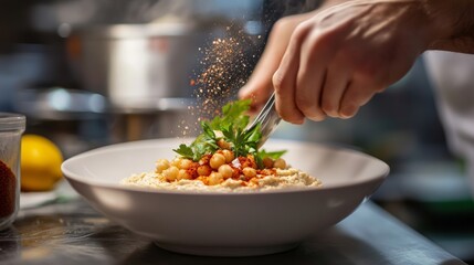 Chef Garnishing a Dish With Fresh Herbs and Spices in a Bustling Restaurant Kitchen During Dinner Service