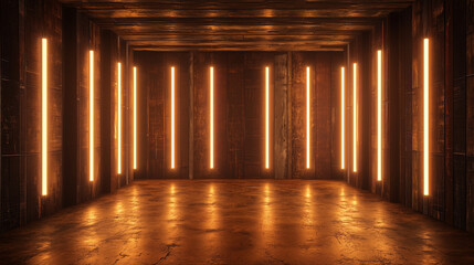 Obraz premium Futuristic corridor with glowing vertical lights, industrial metal walls, and a reflective floor creating a sci-fi atmosphere
