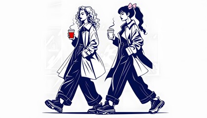  Stylish Women in Trench Coats Enjoying Coffee Urban Art