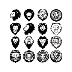 Set of Lion Head Logo Designs in Black and White.
