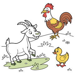Farm Animals Coloring Page with Goat, Rooster, and Duck.
