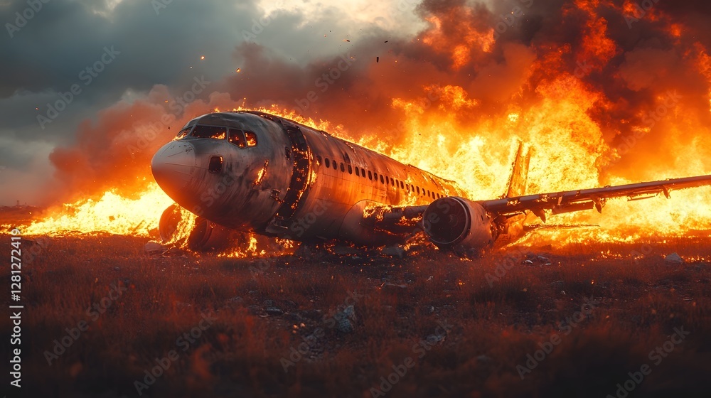 Poster dramatic aerial image of a passenger aircraft engulfed in a raging inferno causing catastrophic dest
