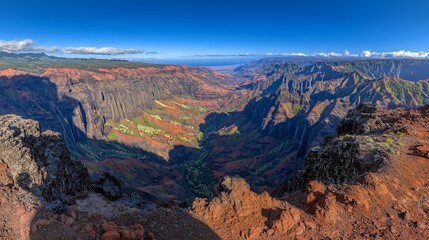 Vast Canyon Landscape Panorama with Red Rocks and Ocean View