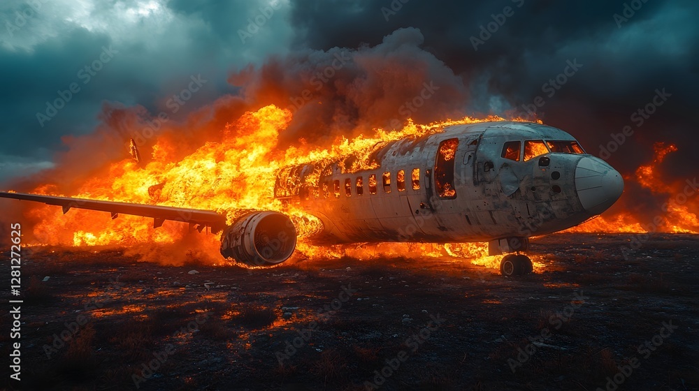 Aufkleber dramatic aerial view of a fiery airplane crash aftermath with the burning wreckage and plumes of thi