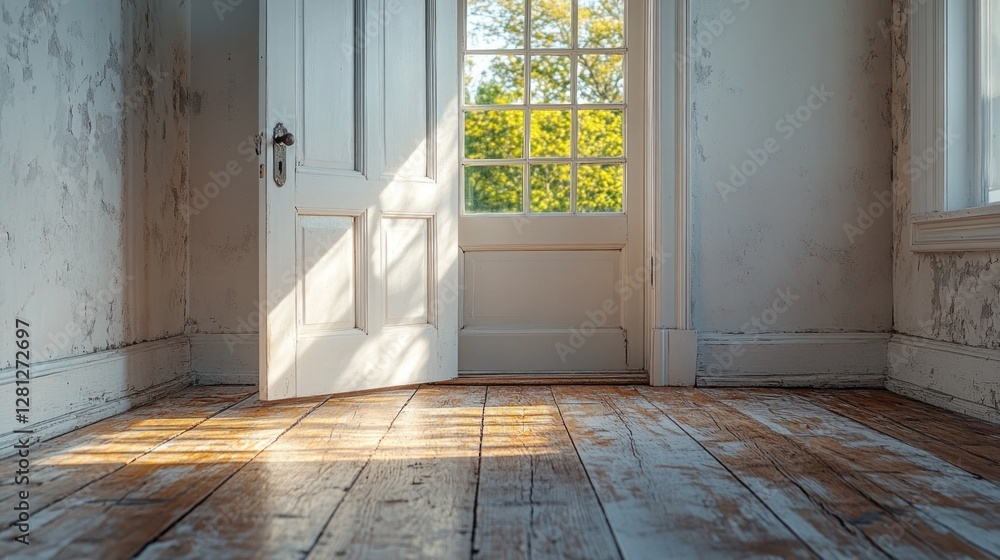 Poster sunlight streams through an open door, illuminating a rustic room with peeling walls and wooden floo
