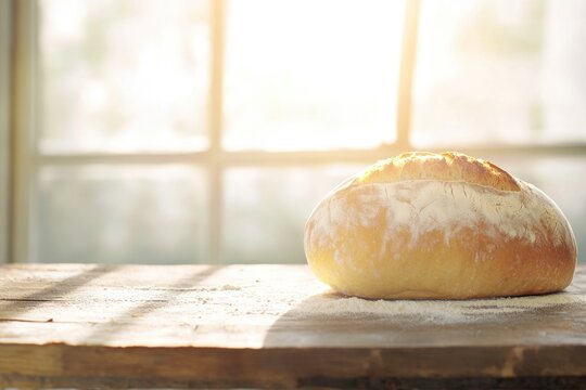 loaf of freshly baked sourdough bread rests on rustic wooden table crust golden and enticing - Powered by Adobe