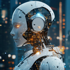 Fototapeta premium a cybernetic robot with a human appearance. Its face is made of transparent material, through which the internal mechanical structure with many glowing wires and circuits is visible 
