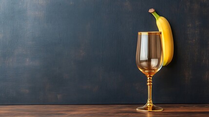 Banana leans next to an empty golden glass on a brown wood background, for fruit and drinks concepts