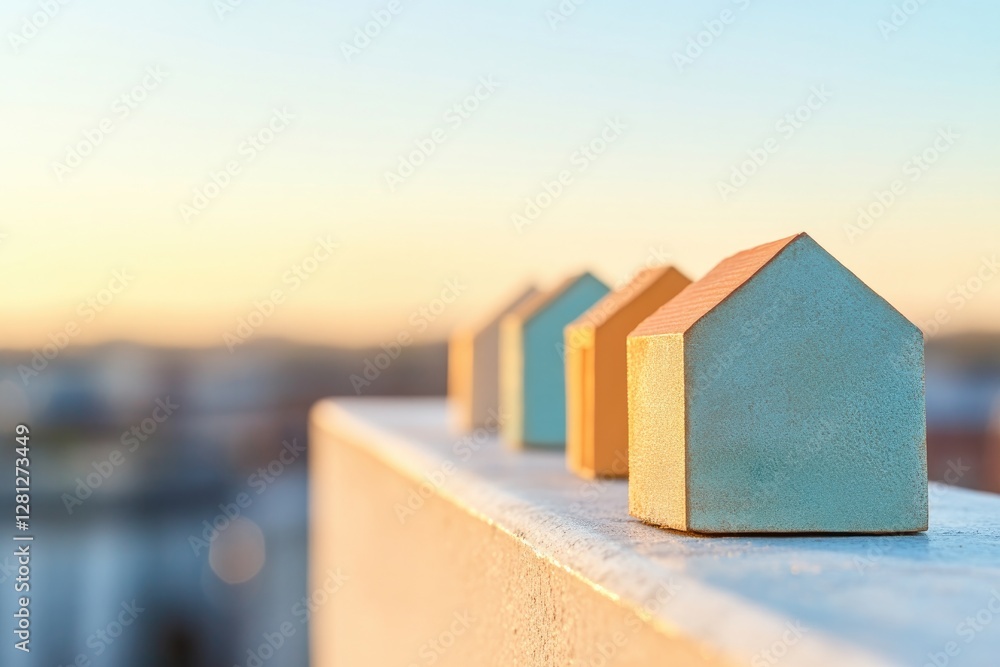 Poster row of miniature houses resting on ledge highlighting diversity in architecture with natural light c