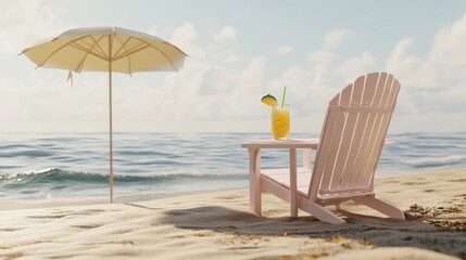 Obraz premium Relaxing Beachside Retreat With an Umbrella and a Refreshing Drink on a Sandy Shore During a Sunny Day