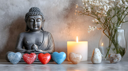 A serene meditation space with an array of chakra stones, a burning candle in the background, and a small Buddha statue on the table
