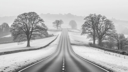 A serene road surrounded by a pristine snowy landscape under a clear winter sky