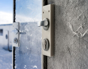 Glass doors with padlock covered with hoarfrost ice crystals in frosty day