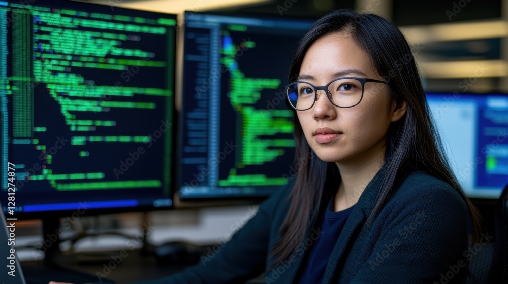 Poster focused young woman programmer wearing glasses sits before multiple displays showing lines of green 