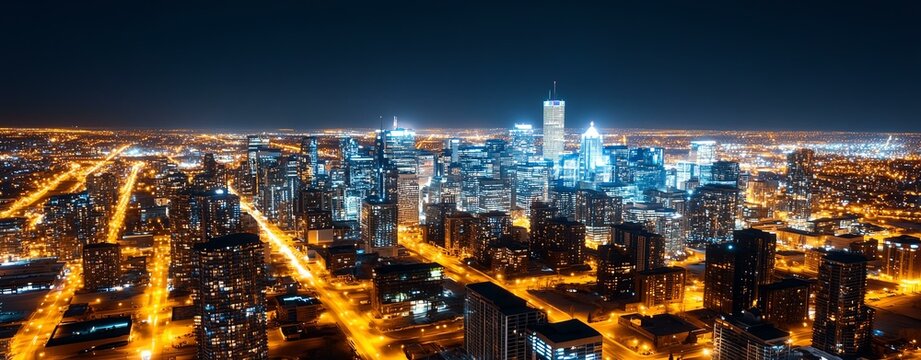 Vibrant city skyline illuminated at night.