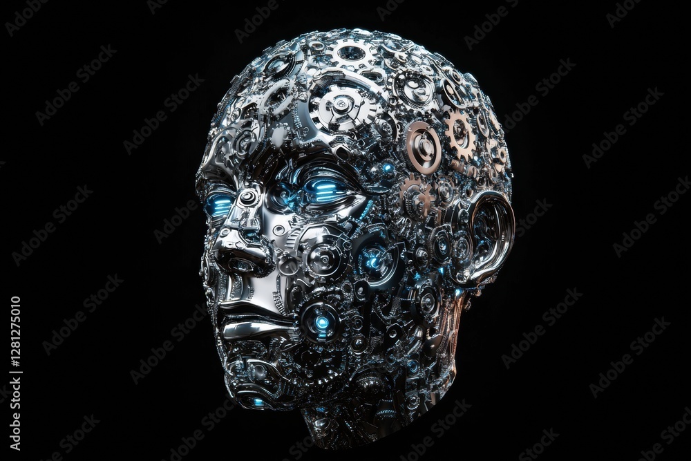 Poster human head filled with interlocking gears and cogs illustrating concepts of artificial intelligence 