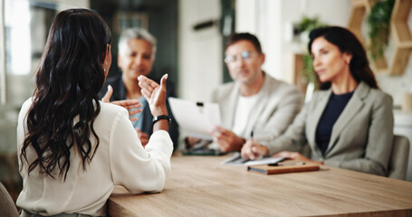 Business, woman and meeting with discussion in office for risk assessment, strategy development and...