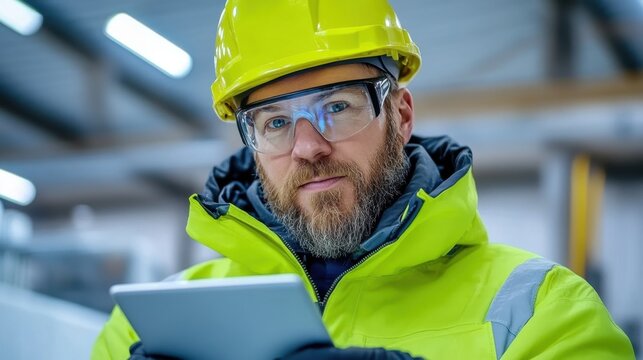 Focused male engineer in a lime green high visibility jacket and safety helmet uses a tablet in a industrial setting