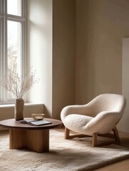 A fluffy white chair and a round table are in a room