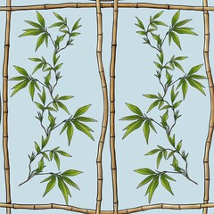 Fototapeta premium Seamless Pattern Traditional Japanese Ornament with Bamboo Big Design on Pastel Blue Background