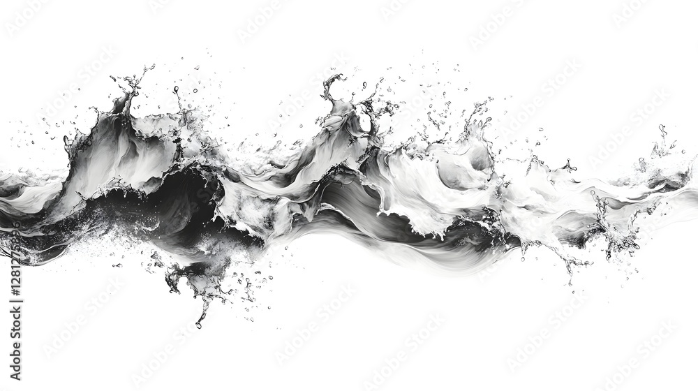 Poster Dramatic and dynamic abstract art composition featuring a monochrome fluid splash with captivating waves ripples and swirls  The image showcases a visually striking and modern aesthetic