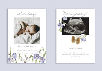 Pregnancy Announcement and Baby Introducing Cards Set with Floral Watercolor Illustrations and Photo Placeholder