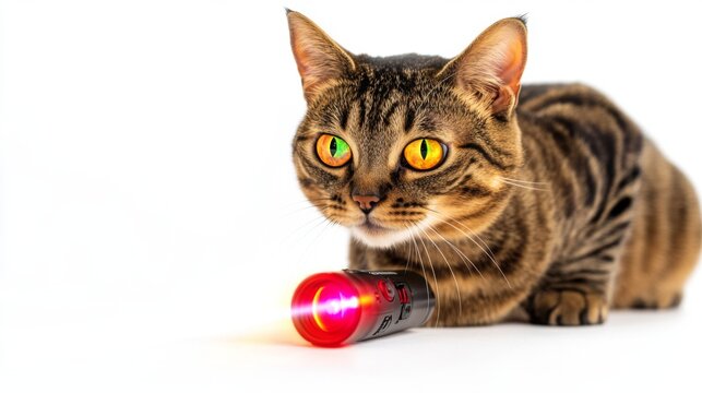 A curious cat watches with bright eyes. A laser pointer lies nearby. This playful scene captures the essence of feline fascination. Generative AI