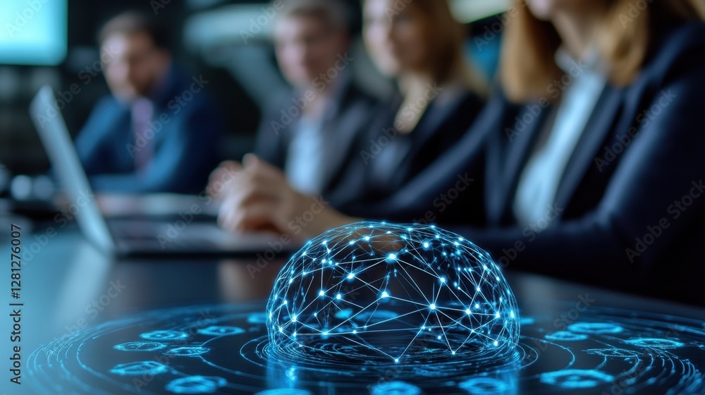 Poster a futuristic blue glowing orb with data points rests on a table in front of a blurred group of busin
