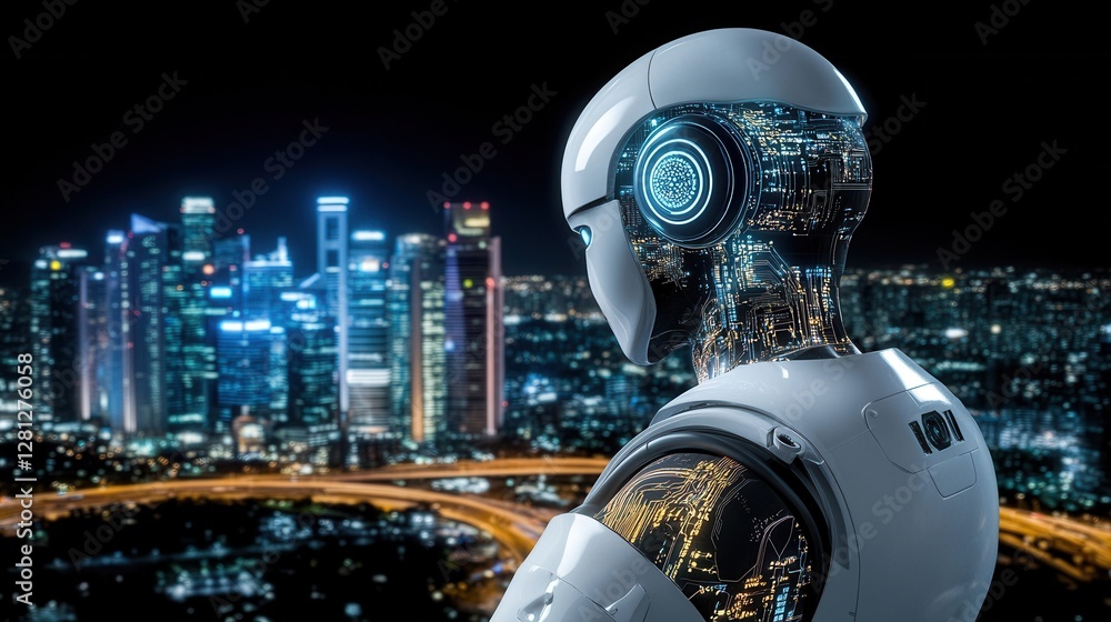 Poster futuristic robot overlooking a vibrant, illuminated cityscape at night. the robot is primarily white