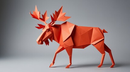 Origami moose sculpture in vibrant orange colors on a neutral background for decoration