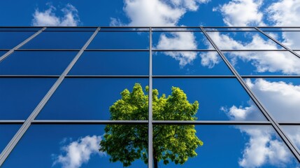 A low angle shot of a modern office building with a glass facade reflecting a vibrant blue sky dotted with fluffy white clouds and a green tree