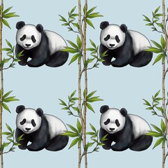 Seamless Bamboo Pattern Sticks and Cute Panda Small Design on Pastel Blue Background
