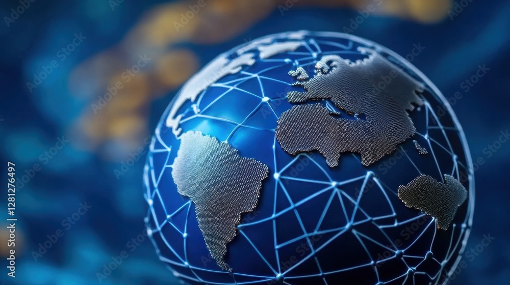 Poster close up view of a digitally rendered sphere, showcasing interconnected network lines. the sphere is