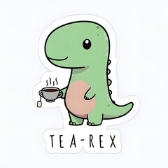 Fototapeta premium Cute Tea-Rex Dinosaur Character with Teacup Sticker