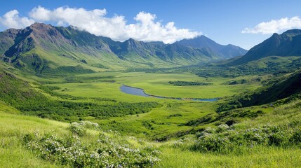 Fototapeta premium Mountain valley landscape, lush green fields, river, sunny day, travel